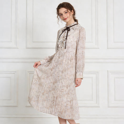 Famecoco范可儿温柔风气质复古荷叶边立领碎花雪纺连衣裙法式收腰长裙FAB1FA019 商品图2