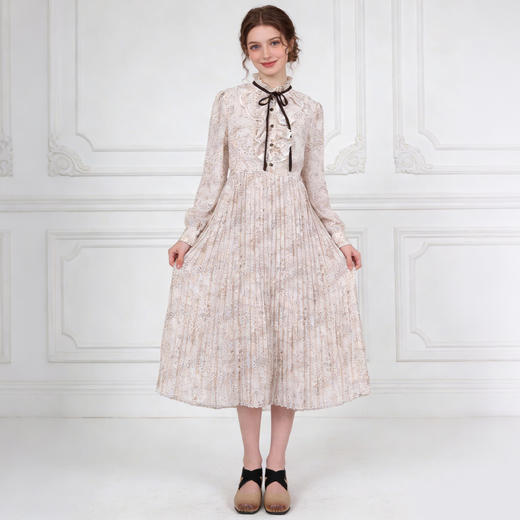 Famecoco范可儿温柔风气质复古荷叶边立领碎花雪纺连衣裙法式收腰长裙FAB1FA019 商品图3