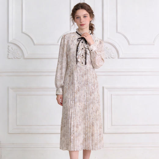 Famecoco范可儿温柔风气质复古荷叶边立领碎花雪纺连衣裙法式收腰长裙FAB1FA019 商品图1