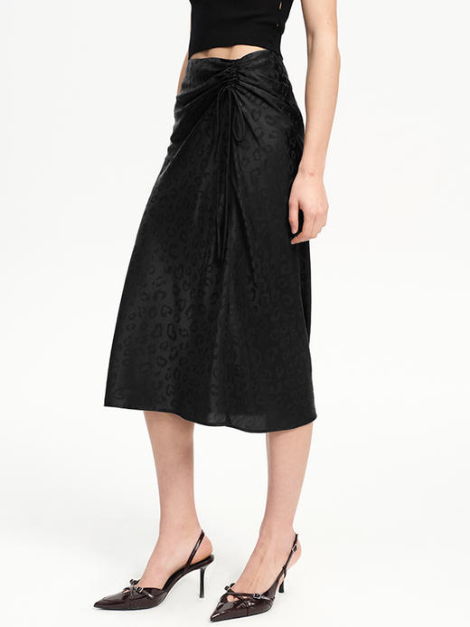 TR她热 暗夜猎影 黑色豹纹提花复古优雅抽褶系带垂感鱼尾斜裁长半裙 商品图4