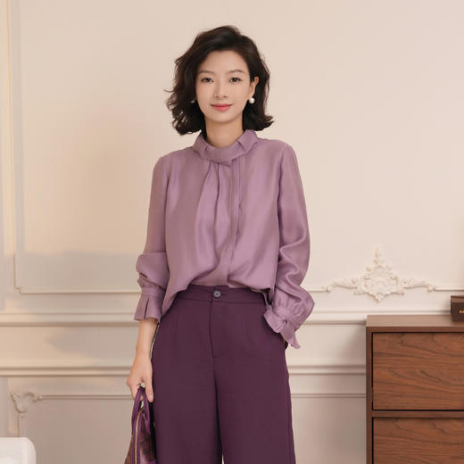 西子/迷雾紫鸢桑蚕丝莱赛尔立领花苞口紫色衬衣/CSTJ1058 商品图0