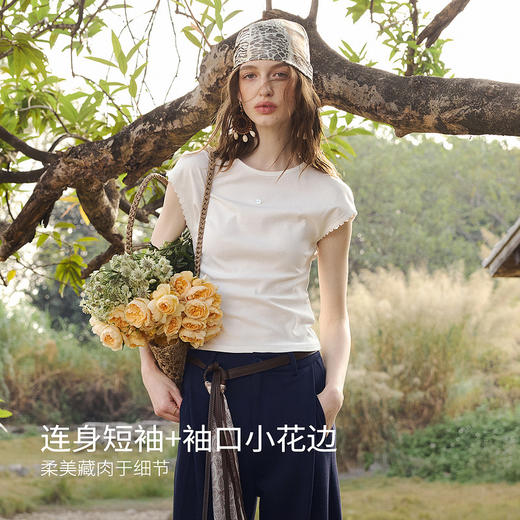 欧芮儿简约小花边连袖设计修身上衣女2026年新款夏季圆领白色T恤 商品图0