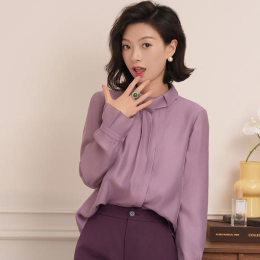 西子/迷雾紫鸢桑蚕丝莱赛尔立领花苞口紫色衬衣/CSTJ1058 商品图2