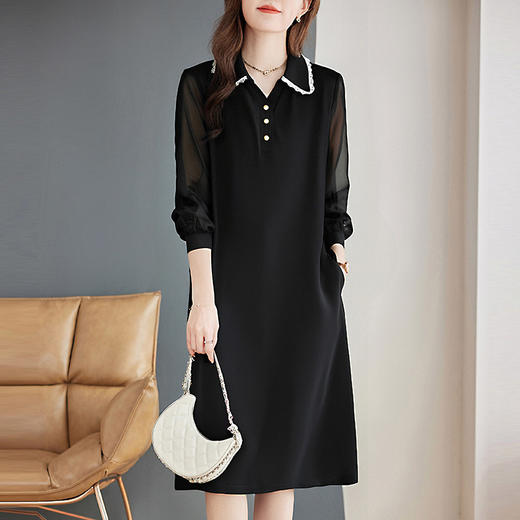 洋气长袖连衣裙女夏季翻领裙子宽松女装2026新款大码女士黑色长裙 商品图0