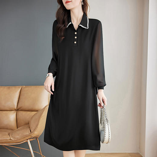 洋气长袖连衣裙女夏季翻领裙子宽松女装2026新款大码女士黑色长裙 商品图1