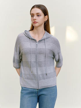 【连帽短袖针织条纹开衫】26年春夏新品女士条纹莱赛尔纤维外套