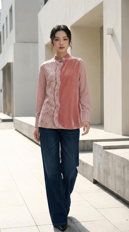 轻国风立领拼色弧形斜襟马甲 商品图1