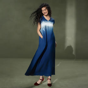 【林栖设计小店】植物染色|手工植物蓝蝴蝶钉花优雅2026夏新款亚麻连衣裙1962057