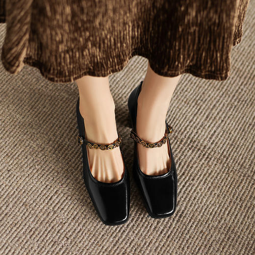 阿么手工女鞋法式气质高跟单鞋春季新款金属一字带玛丽珍鞋6.5CM 商品图2