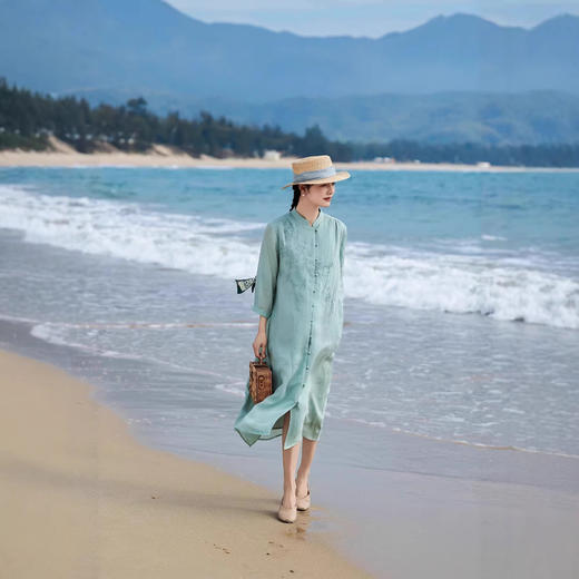 文艺肌理苎麻刺绣轻薄连衣裙，七分袖中长款飘逸裙HS26813 商品图0