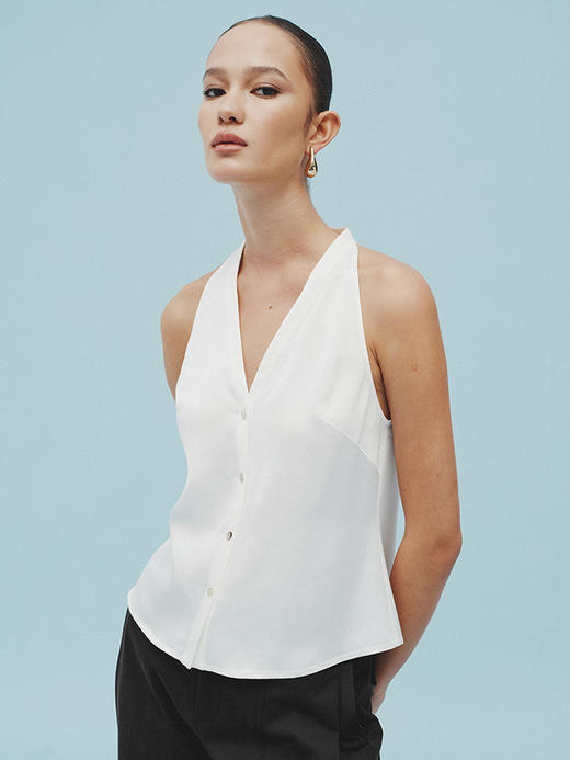 TR她热 银座通勤 白色缎面V领单排扣简约风百搭通勤衬衫式挂脖背心 商品图4