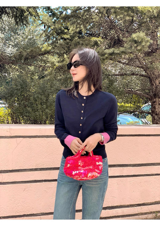 减龄小包扣撞色羊毛莱赛尔针织开衫 商品图4