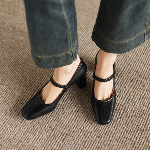 阿么手工女鞋春季编织一字带玛丽珍鞋配裙子法式方头单鞋女6.5CM 商品图3