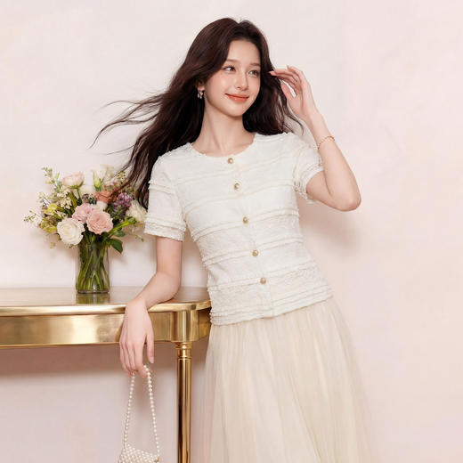 奢姿大码女装2026新款胖妹妹夏季蕾丝镂空花边上衣小香风短袖衬衫9962254519 商品图2