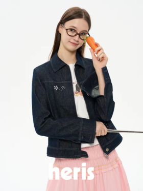 heris/H61107/波点烫钻印花 复古原色牛仔 收腰显瘦双开拉链夹克外