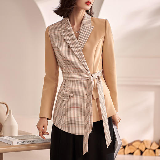 剩S/M/L/XL 米思阳复古格子时尚拼接西服气质显瘦西装外套女1W21AX0574 商品图2
