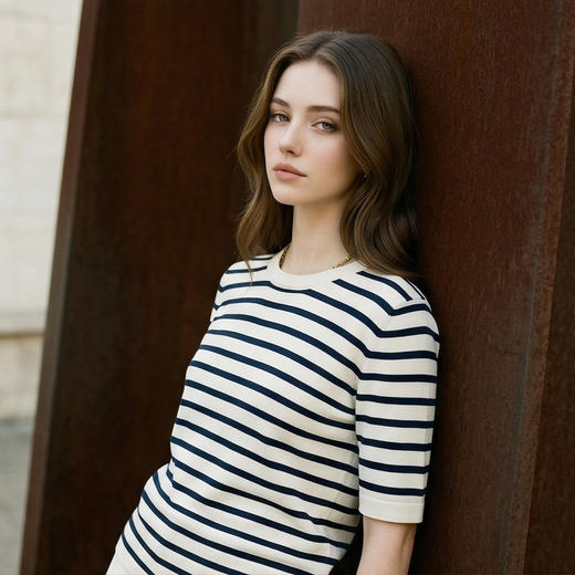 King Deer/鹿王春夏女士休闲时尚圆领短袖针织条纹衫L804022拼色 商品图1