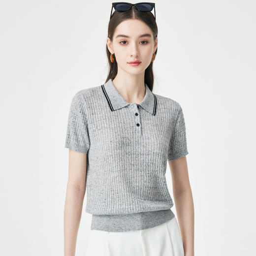 PALUOPO/PL羊毛亚麻混纺坑条 POLO 衫撞色翻领针织短袖ES250951M 商品图13