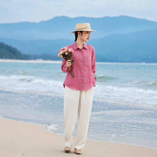 自然极简设计感，宽松亚麻衬衫女文艺衬衣上衣长袖HS26804 商品图0