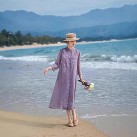 文艺肌理苎麻刺绣轻薄连衣裙，七分袖中长款飘逸裙HS26813