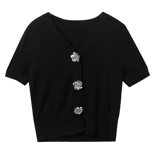 三彩2026夏季新款立体花朵针织衫V领短袖正肩毛衫莱赛尔短款M 商品图4