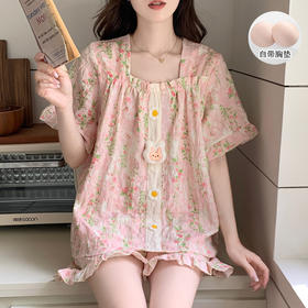 【自带胸垫】公主风睡衣女夏季薄款带胸甜美碎花短袖短裤宽松可外穿家居服套装。rh