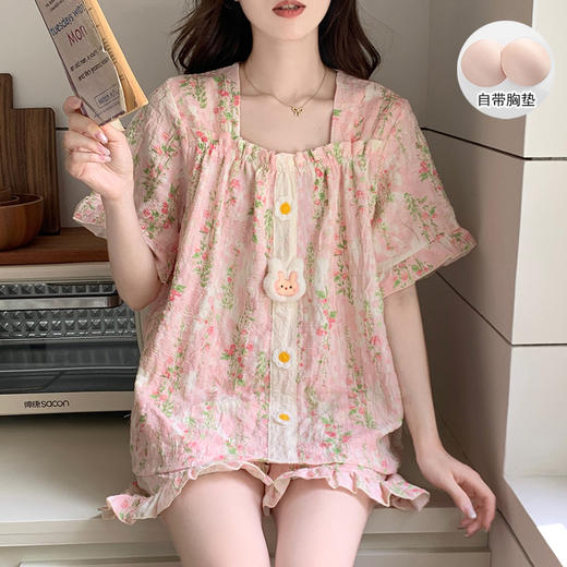 【自带胸垫】公主风睡衣女夏季薄款带胸甜美碎花短袖短裤宽松可外穿家居服套装。rh 商品图0