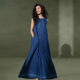 【林栖设计小店】植物染色|手工植物蓝亚麻宽松百搭2026夏新款无袖连衣裙1962045