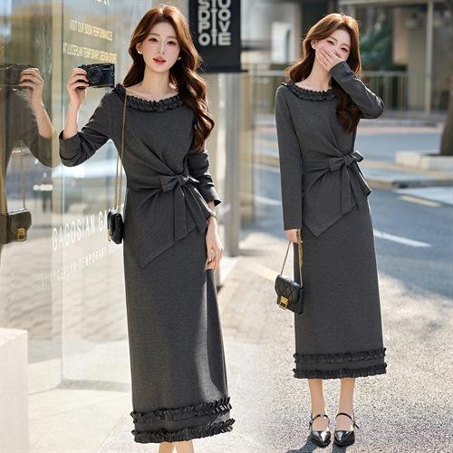 优雅风套装两件套洋气春季新女装不对称系带上衣木耳边拼接两件套HR-SNX3229 商品图2