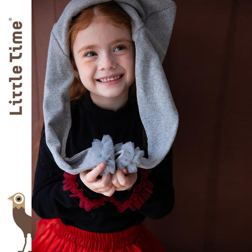 LittleTime女童T恤2025秋冬新款网纱花边磨毛保暖圆领长袖针织衫 商品图4