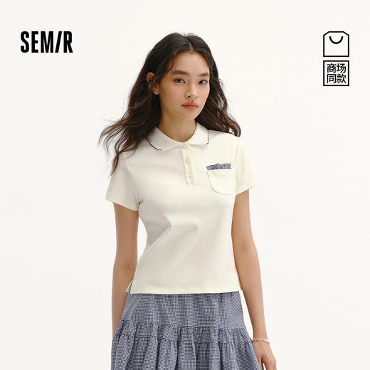 商场同款|森马POLO衫女夏季修身拼接格纹2026新款温柔小个子衣服 商品图0