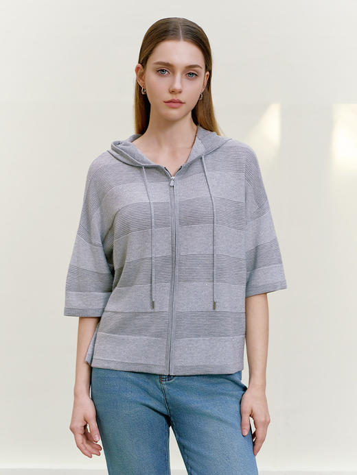 【连帽短袖针织条纹开衫】26年春夏新品女士条纹莱赛尔纤维外套 商品图1