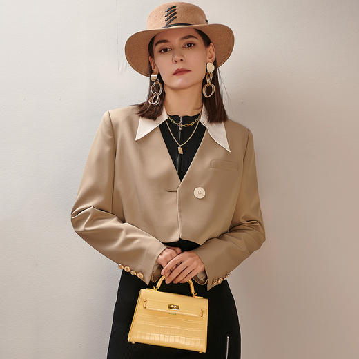 剩L/XL 芳外新款短款小个子外套新款拼色翻领单西式外套8T21AW0365 商品图1