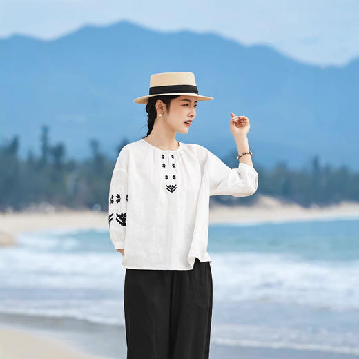 自然极简圆领宽松亚麻衬衫，文艺衬衣上衣七分袖HS26807 商品图0