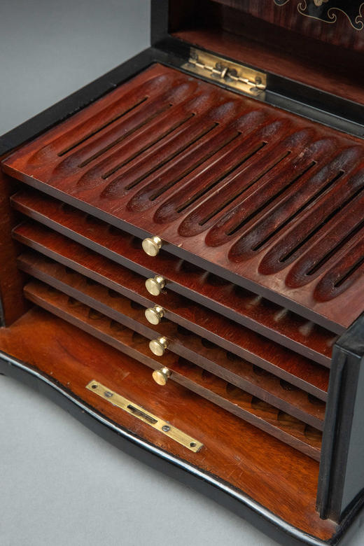 独角鹿西洋古董1850-1870年代法国拿破仑三世时期出品黄铜精雕嵌实木多层雪茄盒 商品图8