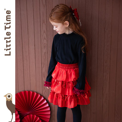 LittleTime女童T恤2025秋冬新款网纱花边磨毛保暖圆领长袖针织衫 商品图3