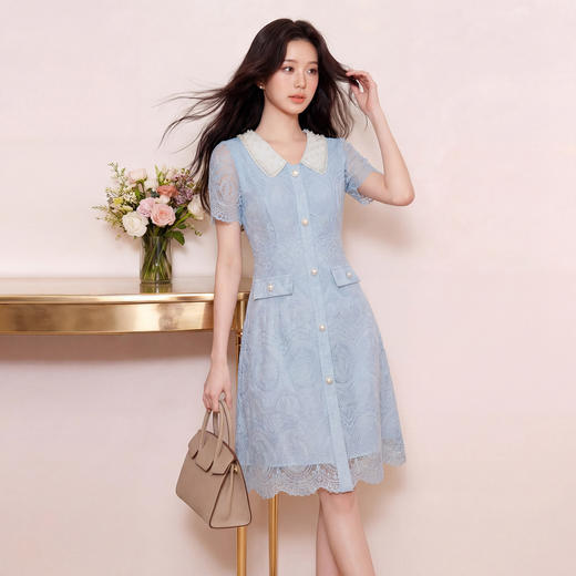 奢姿大码女装2026夏季胖妹妹时尚蕾丝珍珠领连衣裙气质显瘦长裙9962894509 商品图1