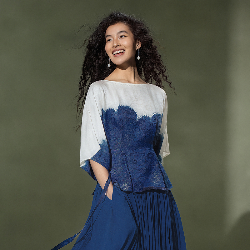 【林栖设计小店】植物染色|手工植物蓝金线提花配腰带2026夏新款真丝衫1962024