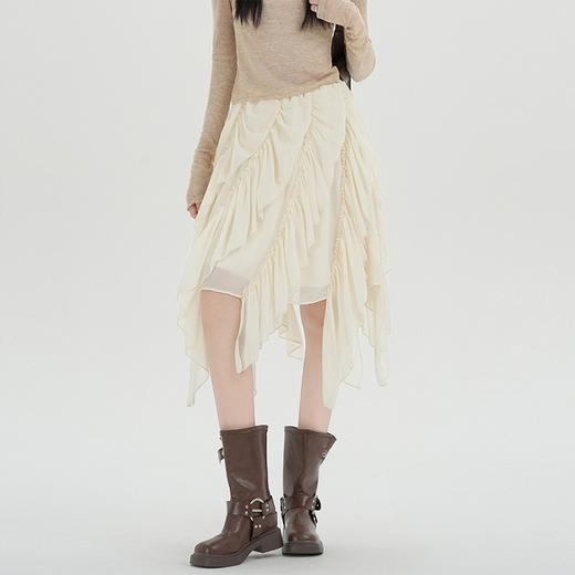 西遇设计感不规则半身裙女2026年春季新款法式荷叶边中长裙纱裙SS060200 商品图4