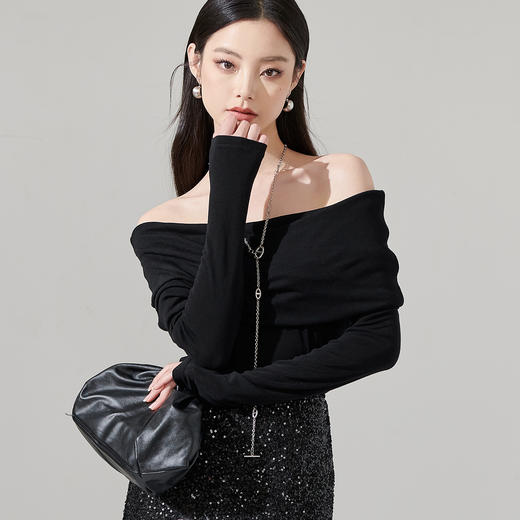 剩S/M/L/XL 米思阳新款气质荡领露肩款薄款T恤洋气纯色打底衫女8T24AT0024 商品图8