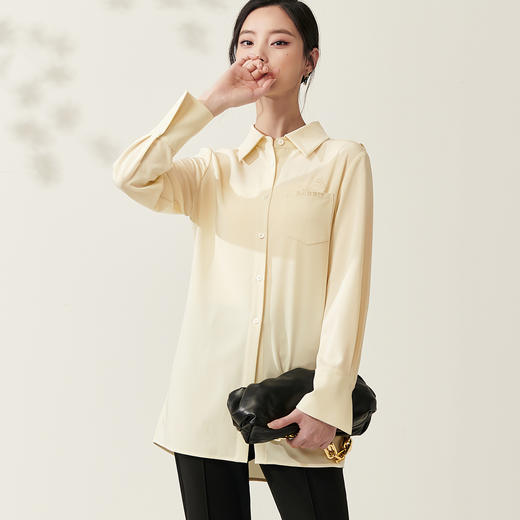 剩S/M/L/XL 芳外新款设计感绑带收腰淡黄色衬衫简约中长款衬衣女8T23AC0030 商品图2