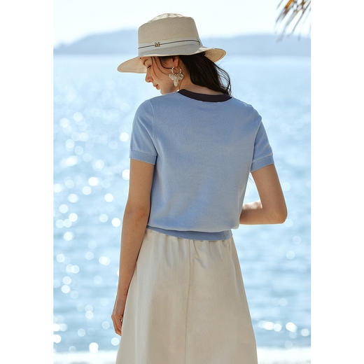 欧芮儿2026年新款夏季提花刺绣设计感灰色圆领休闲短袖毛针织衫女 商品图3