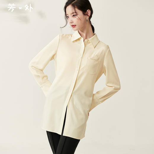 剩S/M/L/XL 芳外新款设计感绑带收腰淡黄色衬衫简约中长款衬衣女8T23AC0030 商品图0
