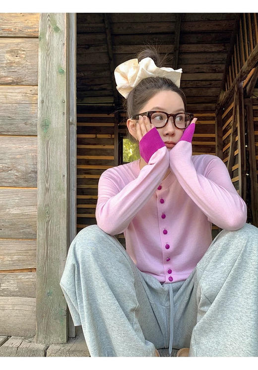 减龄小包扣撞色羊毛莱赛尔针织开衫 商品图1