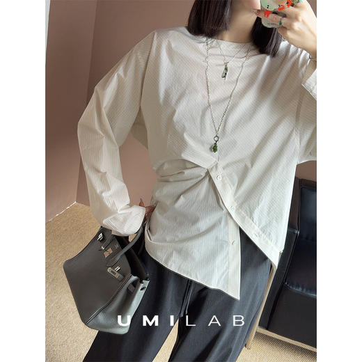 UMILAB｜错位时空*原创异形立体斜裁 100%精梳棉捏褶圆领条纹衬衫H1330V 商品图4