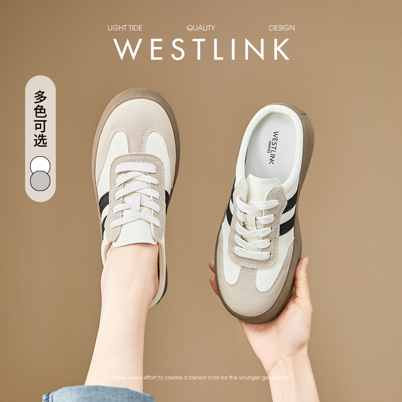 【限时秒杀】西遇厚底半拖德训鞋女2026春季新款增高外穿超火一脚蹬包头小白鞋V0066320