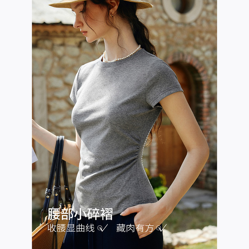 欧芮儿2026年新款夏季收腰设计修身灰色圆领休闲风棉针织短袖T恤