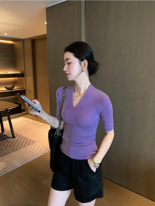 素颜美女公式中袖V领羊毛衫修身打底 商品图1