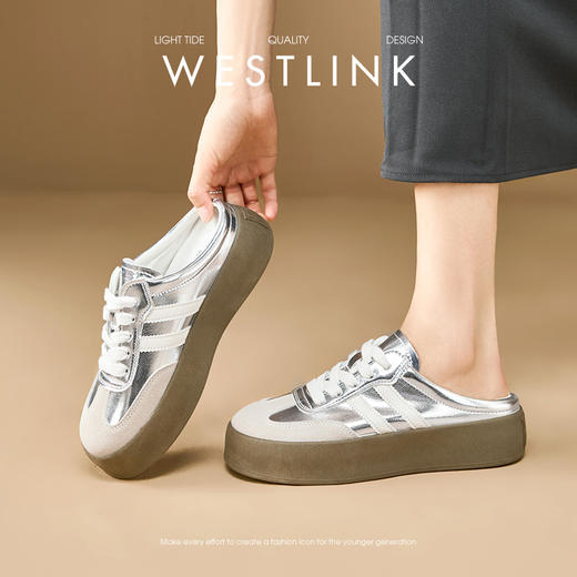 【限时秒杀】西遇厚底半拖德训鞋女2026春季新款增高外穿超火一脚蹬包头小白鞋V0066320 商品图1