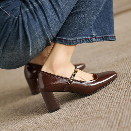 阿么手工女鞋法式气质高跟单鞋春季新款金属一字带玛丽珍鞋6.5CM 商品图3